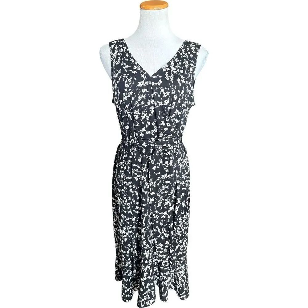 Womens Ann Taylor Black Floral Print Sleeveles V Neck Tie Waist Midi Dress - 16